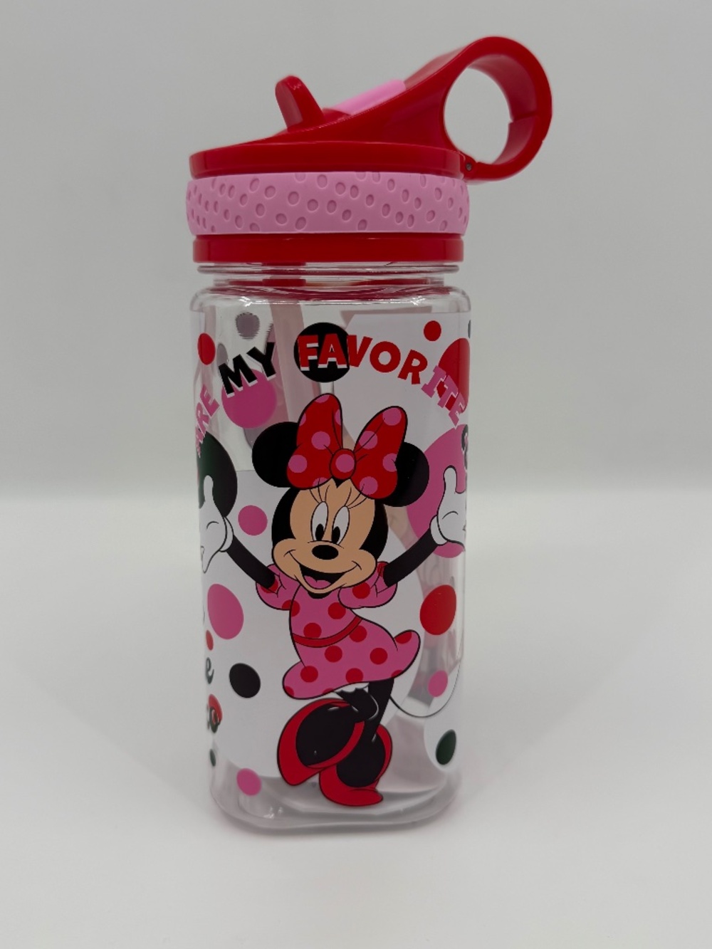 Disney Store Minnie Mouse Water Bottle Sipper NEW Built In Straw Clip Clear
